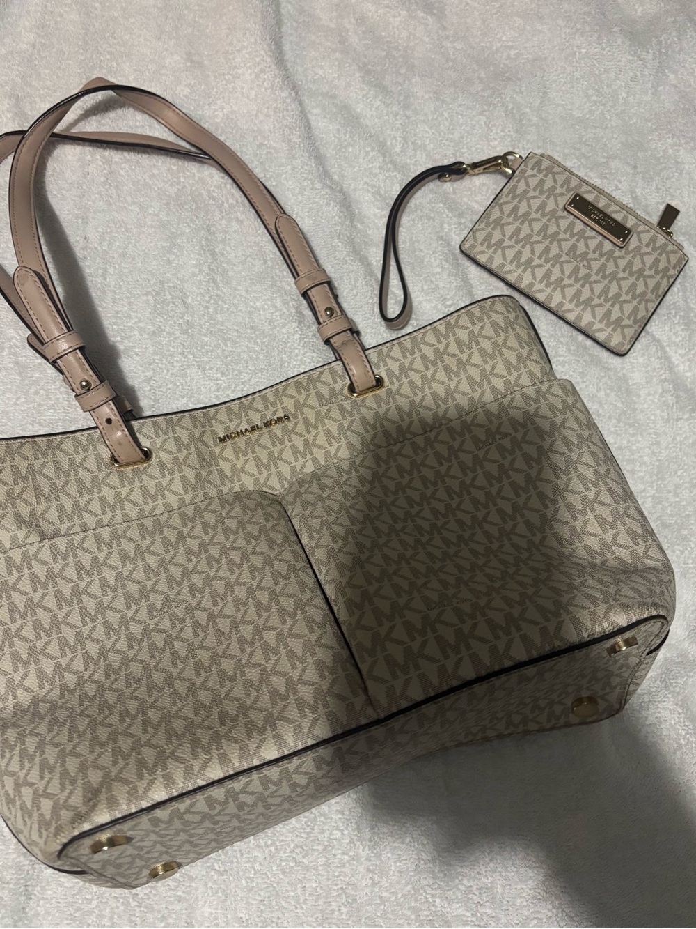 Michael Kors Beige Logo Tote with Pink-Tone Straps and Wristlet